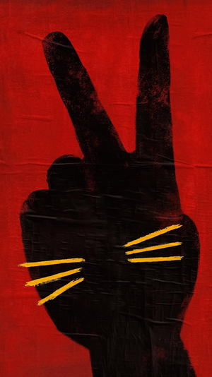 Black cat silhouette with peace sign and yellow whiskers