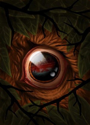 Close-up of a rabbit's eye with leaves and branches