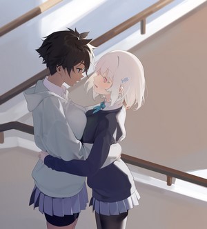 Anime Yuri Schoolgirls Embrace on Stairs