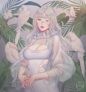 Woman with silver hair and glasses surrounded by parrots and leaves