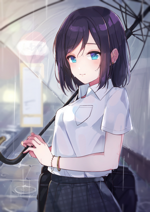 Anime girl with short black hair holding an umbrella