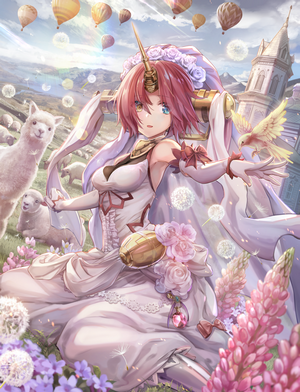 Anime girl with unicorn horn in wedding dress with alpacas