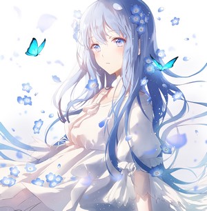 Anime girl with blue hair and butterflies