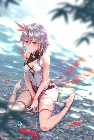Anime girl with silver hair in a white outfit sitting in water