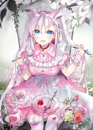 Anime girl with animal ears having tea