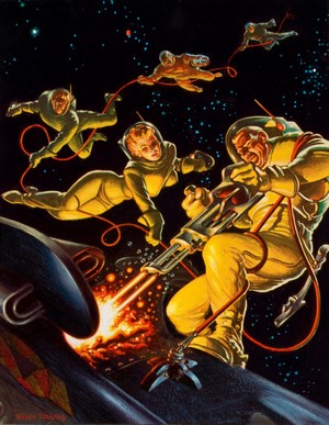 Frank Kelly Freas astronauts working on a spaceship
