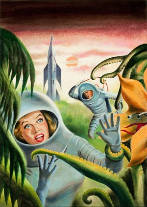 Woman and Man in Spacesuits Fleeing Tentacled Plants Near Rocket