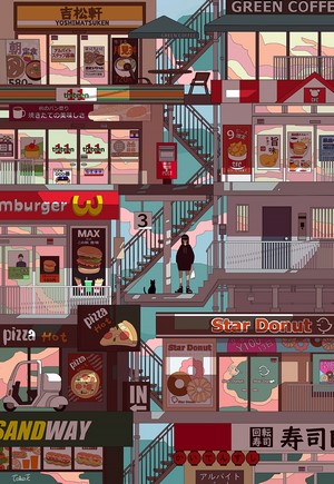 Anime girl and cat in a city with shops