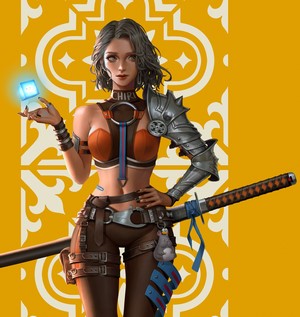 Fictional character with a sword and glowing cube