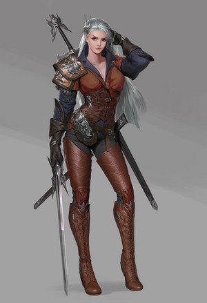 Fictional female warrior with swords