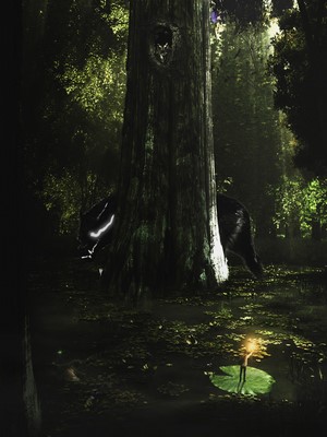 Creature with glowing eyes in a dark forest