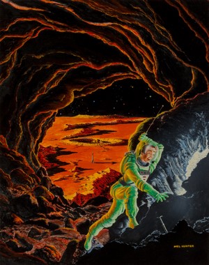 Astronaut climbing out of a cave on an alien planet