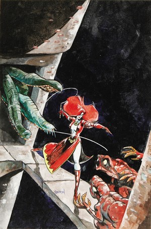 Redhead woman fighting creatures with tentacles