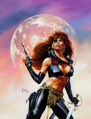 Woman with sword and gun by Joe Jusko