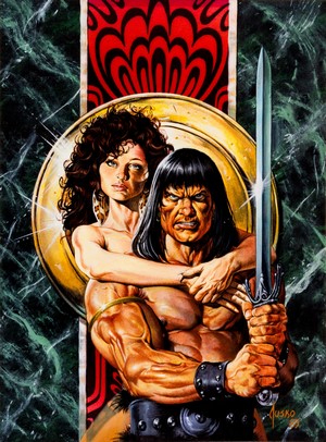 Conan the Barbarian and a woman with a sword and shield
