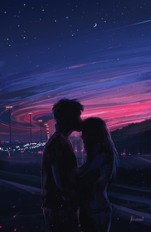 Couple silhouetted against a vibrant sunset cityscape