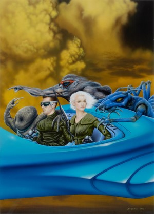 Jim Burns painting of Star Frontiers characters in a vehicle