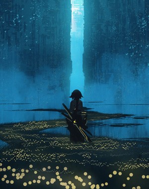 Woman with sword in futuristic city canal