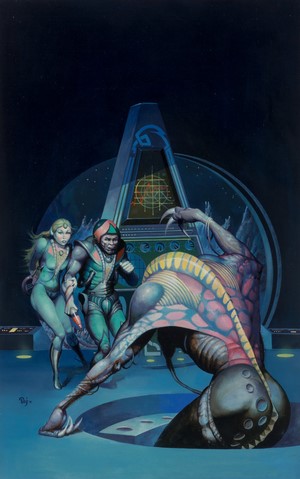 Two astronauts confront a large alien creature in a spaceship