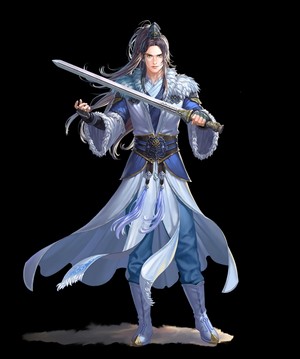 Man in blue and white warrior outfit holding a sword