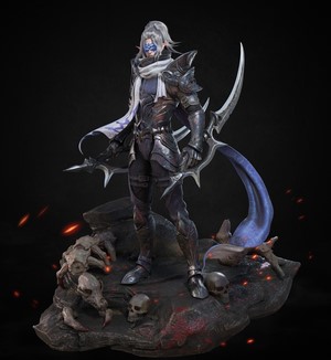 Warrior with silver hair and armor holding swords