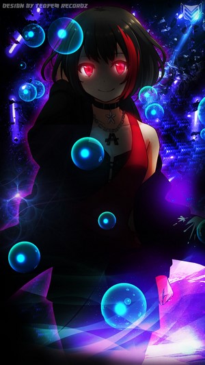 Anime girl with red eyes and blue orbs
