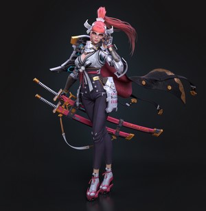 Woman with pink hair and swords