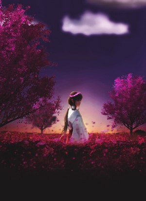 Woman in a field of flowers at sunset