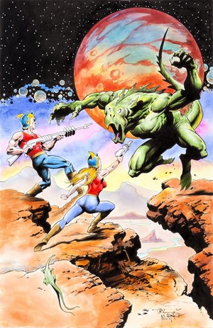 Two astronauts fight a green alien creature on a rocky planet
