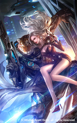 Woman with tiger and robot holding rifles