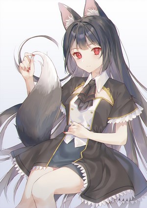 Anime fox girl with red eyes and black hair