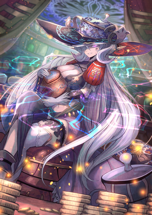 Witch holding a pot with coins and magical effects