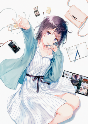 Anime girl with short purple hair and purple eyes taking a selfie