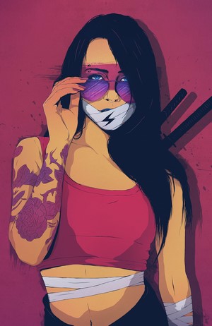 Woman with tattoos and swords, digital art