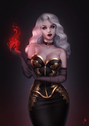 Woman with silver hair conjuring red fire