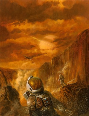 Astronaut on a strange planet with a spacecraft and a ringed planet