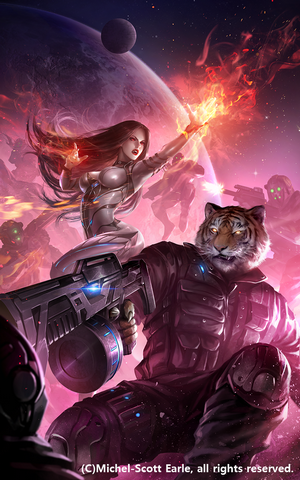 Woman casting fire spell with tiger warrior in space