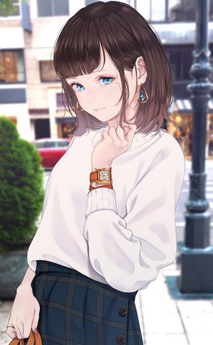 Anime girl with brown hair and blue eyes in urban setting