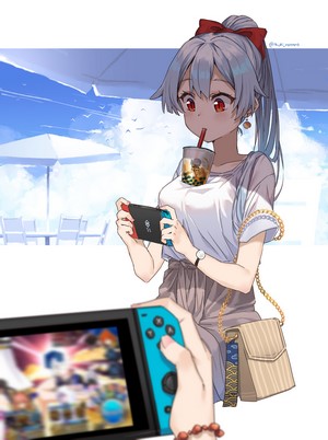 Anime girl with red eyes and white hair playing Nintendo Switch