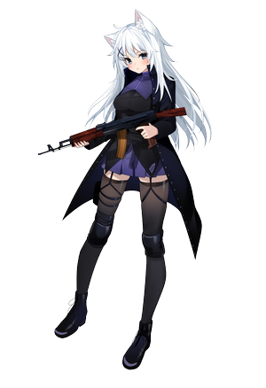 Anime girl with white hair and animal ears holding an assault rifle