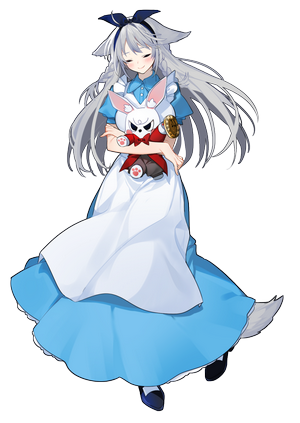Anime girl with grey hair and animal ears holding a stuffed rabbit
