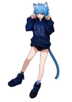 Anime cat girl with blue hair and purple eyes