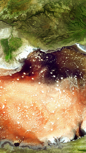 Aerial view of a salt lake with surrounding land