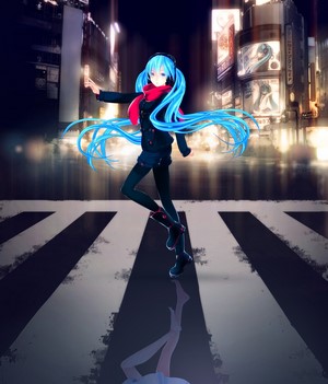 Hatsune Miku from Vocaloid in a city at night
