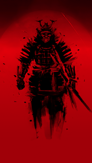 Samurai warrior in black armor on red background