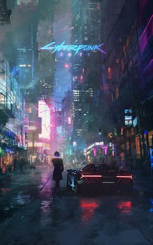 Cyberpunk 2077 cityscape with a woman and car