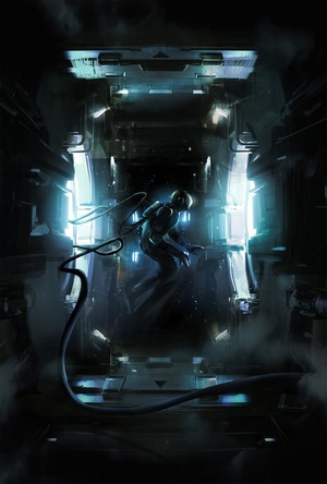 Science fiction artwork of a figure in a futuristic corridor