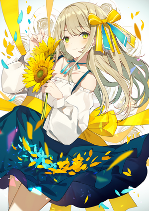 Anime girl with sunflowers and yellow ribbons