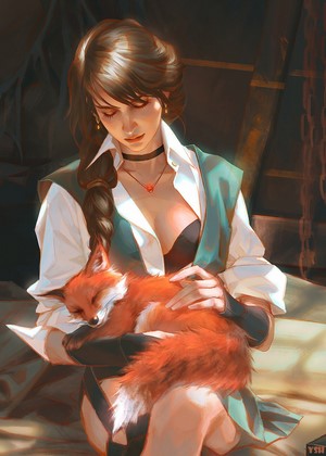Fantasy girl holding a sleeping fox