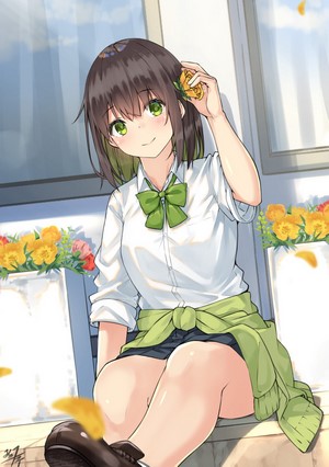 Anime girl with green eyes and flowers